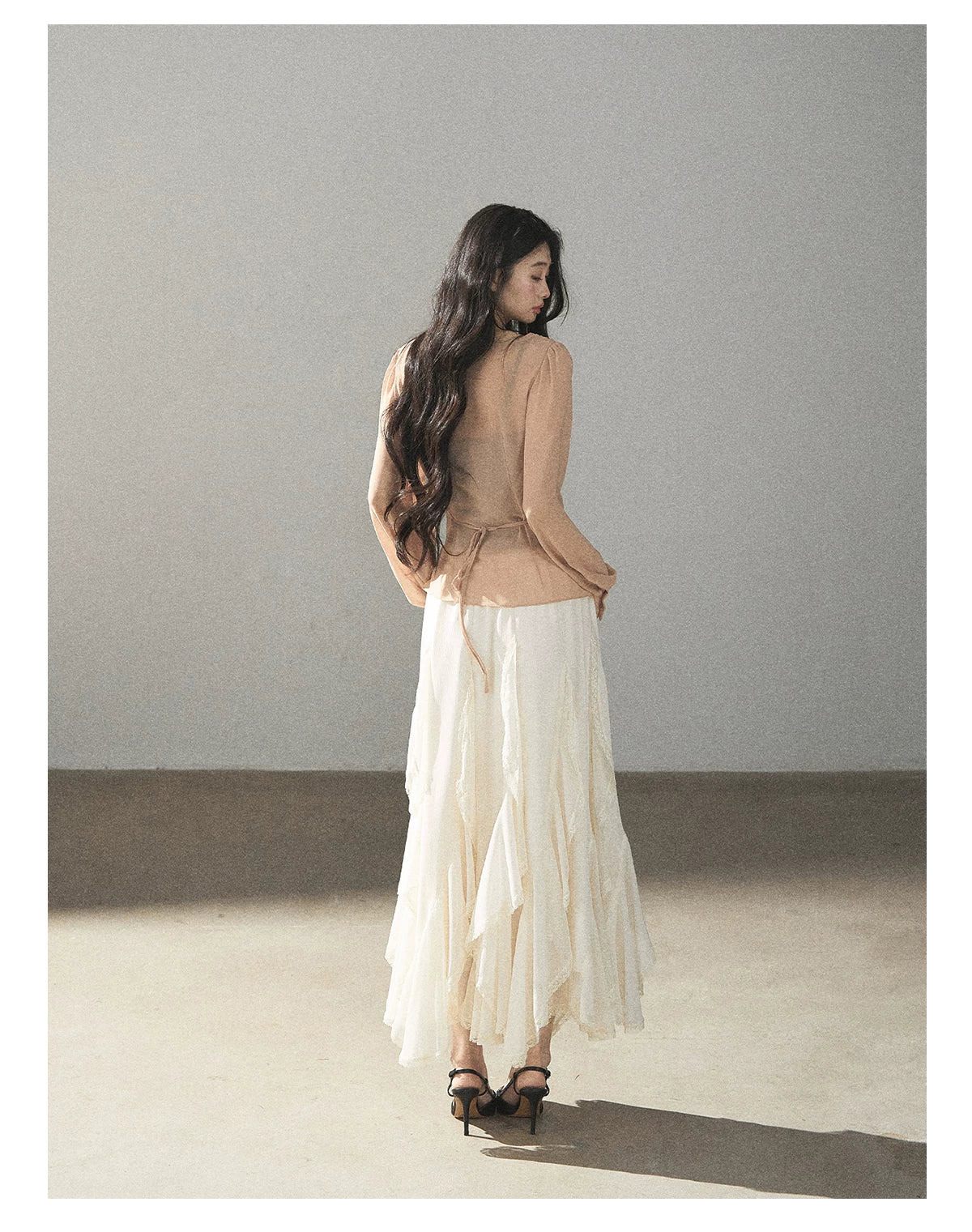 AOMALM - Cinnamon Blush Ruched Wrap Chiffon Top with Lace Cami Set