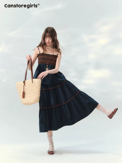 “Bohemian Travel Notes” Navy Beaded Cami & Tiered Maxi Skirt Set