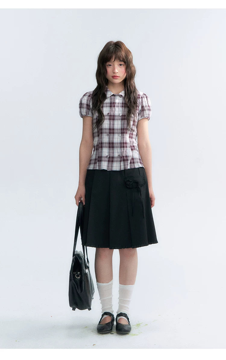 "Violet Mist Bow" Purple Brown Plaid Blouse