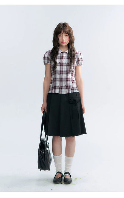 "Violet Mist Bow" Purple Brown Plaid Blouse