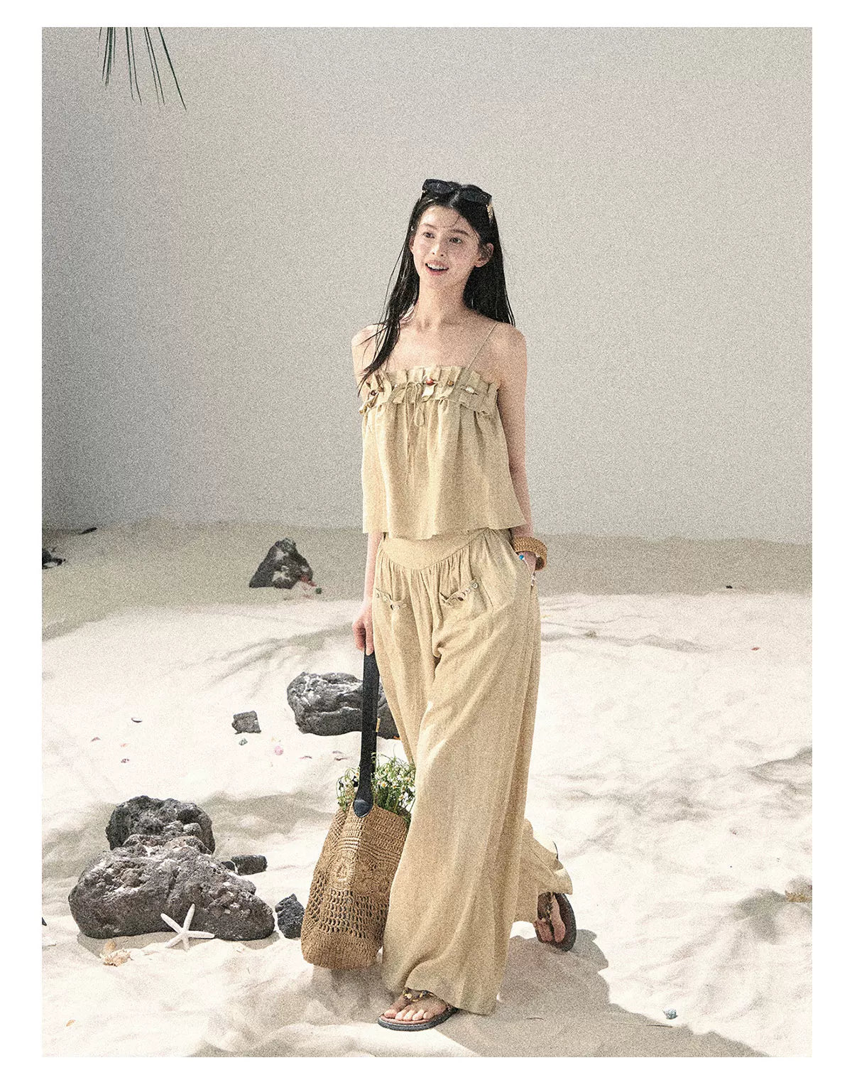"Traces of the Wind" Sand Beige Cami & Wide-Leg Pants Set