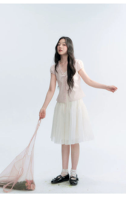 "Blush Sweetheart" Embroidered Puff Sleeve Blouse