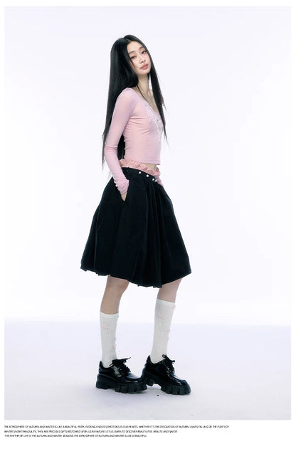 JN's DESIGN - Black Bubble Hem Skirt with Pearl Button Detail