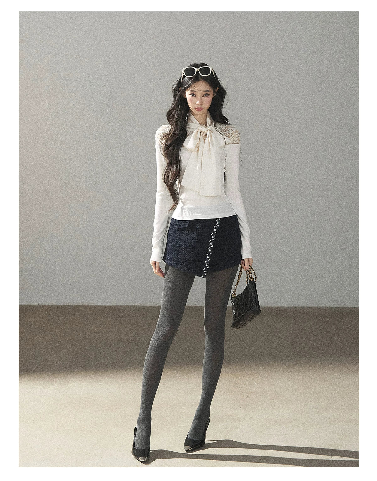 AOMALM - Navy Tweed Jacket & Skort Set with Dutch Cheese Top