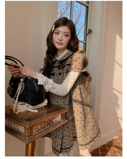 “Hazel Rococo Reverie” Khaki Plaid Polka Dot Dress