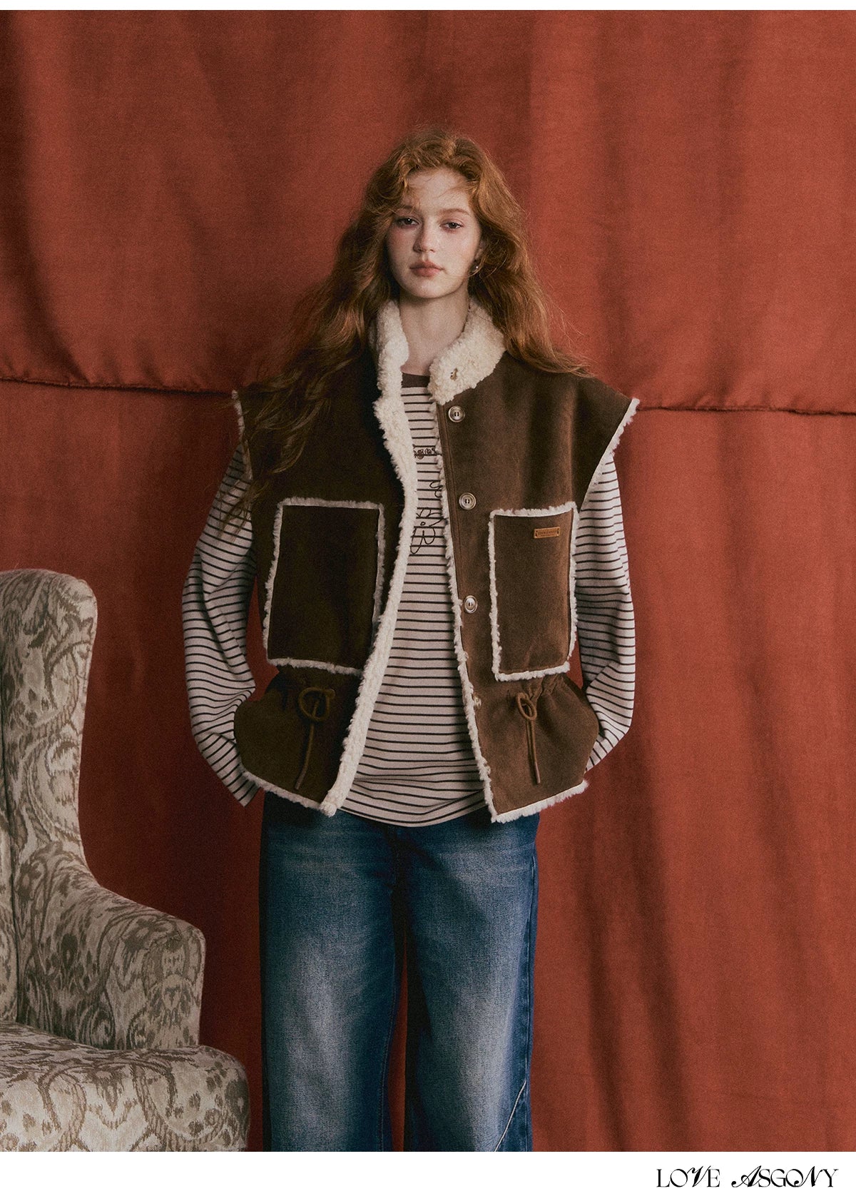 ASGONY - Brown Reversible Suede Faux Shearling Drawstring Vest