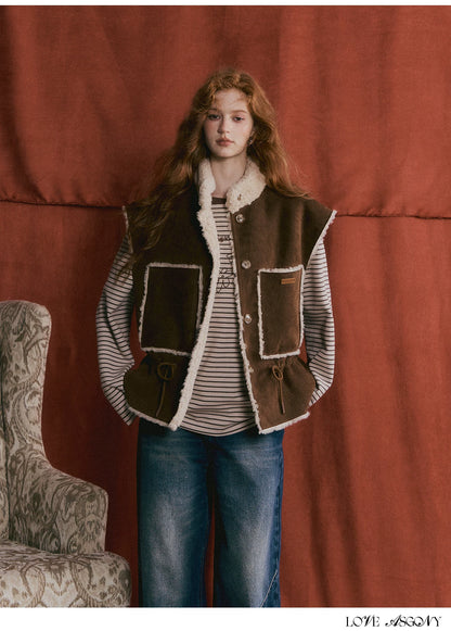 ASGONY - Brown Reversible Suede Faux Shearling Drawstring Vest