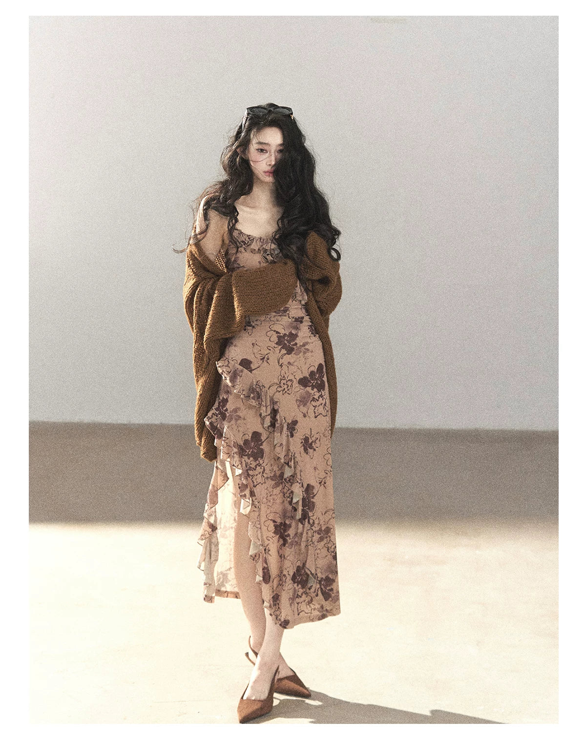 AOMALM - "Wildflower Date" Milk Tea Brown Ruffle Floral Maxi Dress (With Matching Hair Tie)