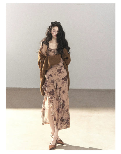 AOMALM - "Wildflower Date" Milk Tea Brown Ruffle Floral Maxi Dress (With Matching Hair Tie)