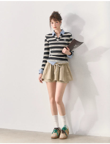 [TMMG] Miu-Inspired Striped Faux Two-Piece Long-Sleeve Polo Top