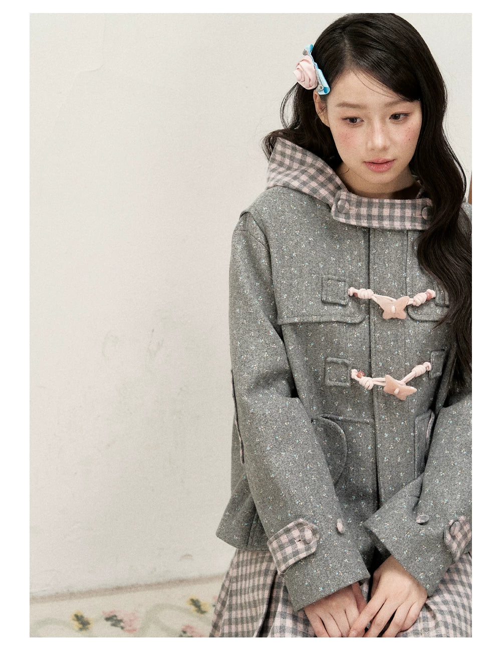 [RF] Floral Heather Gray Pink Plaid-Trim Hooded Duffle Coat