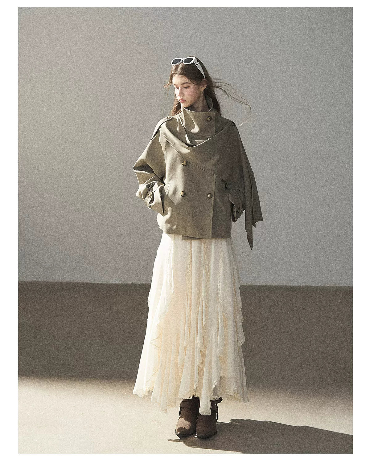 Gray Funnel-Neck Double-Breasted Short Trench Coat