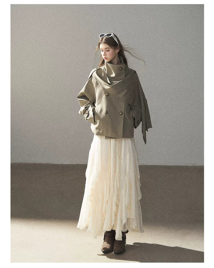 Gray Funnel-Neck Double-Breasted Short Trench Coat