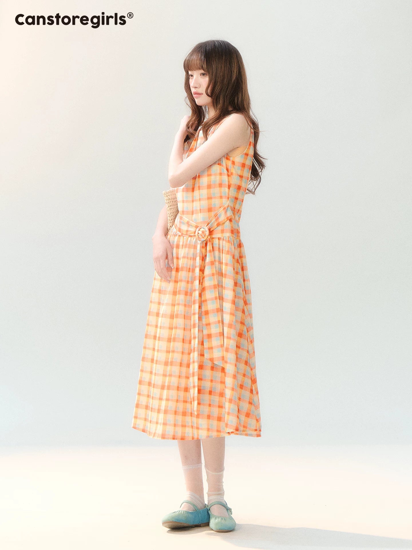 "Orange Sugar Cube" Tangerine Plaid Tie-Waist Sleeveless Dress SH2026201