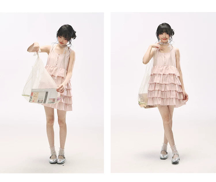"Misty Pink Reverie" Petal Pink Lace Tie Tiered Sleeveless Dress