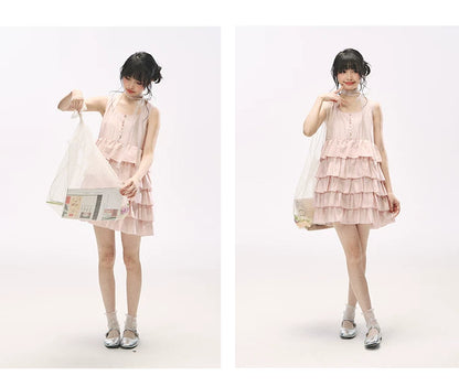 "Misty Pink Reverie" Petal Pink Lace Tie Tiered Sleeveless Dress