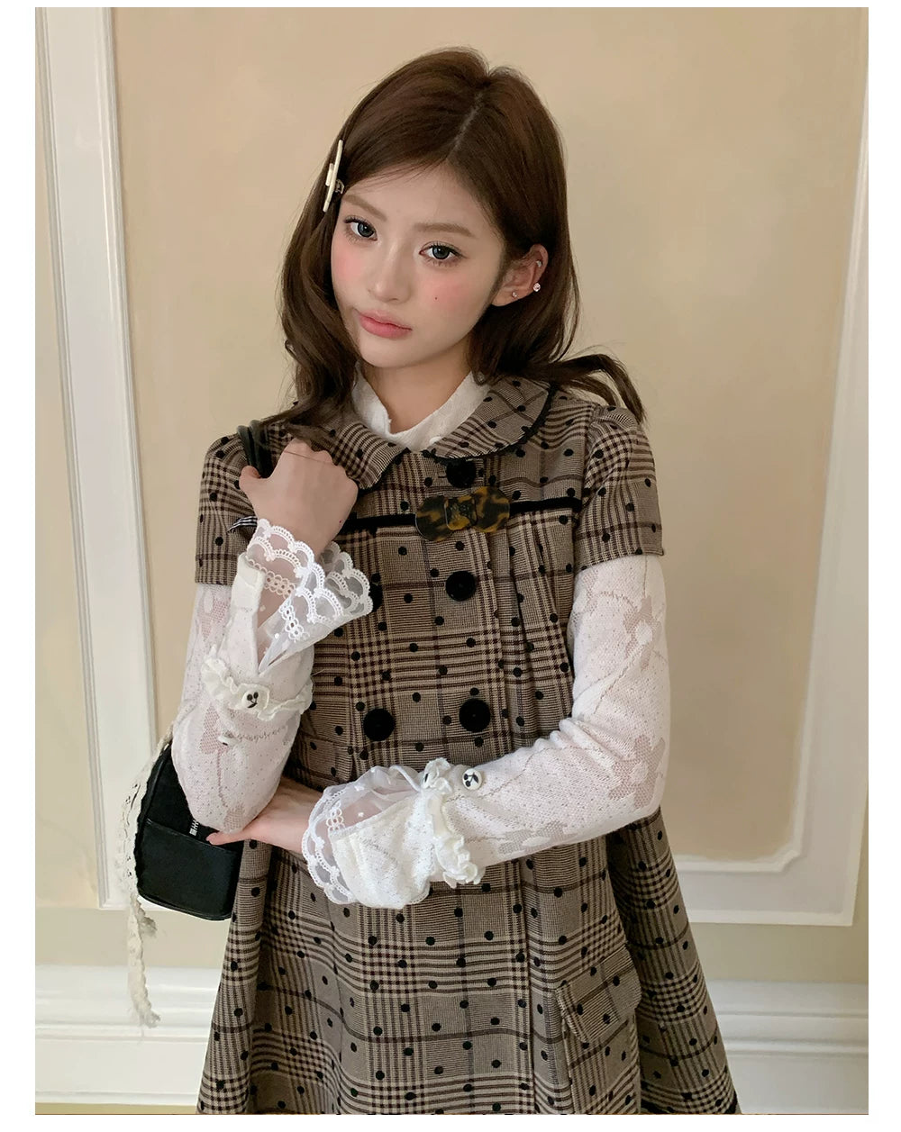 “Hazel Rococo Reverie” Khaki Plaid Polka Dot Dress