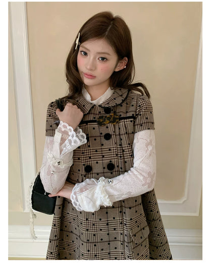 “Hazel Rococo Reverie” Khaki Plaid Polka Dot Dress