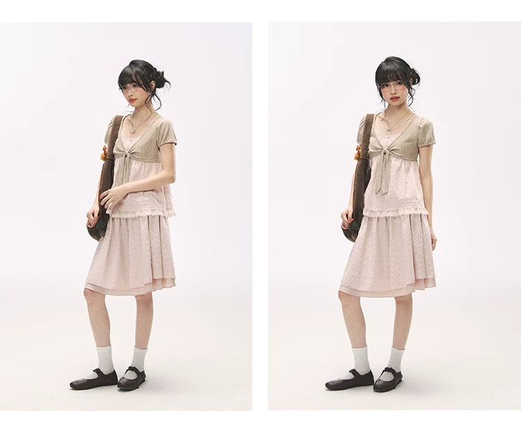 "Sweetheart Pages" Blush Pink Bow Puff Sleeve Top & A-Line Skirt Set