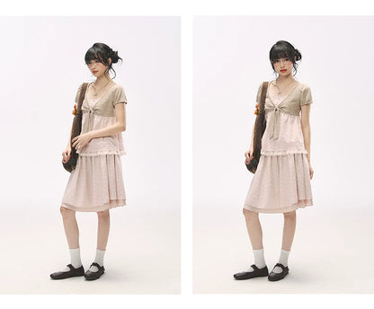 "Sweetheart Pages" Blush Pink Bow Puff Sleeve Top & A-Line Skirt Set