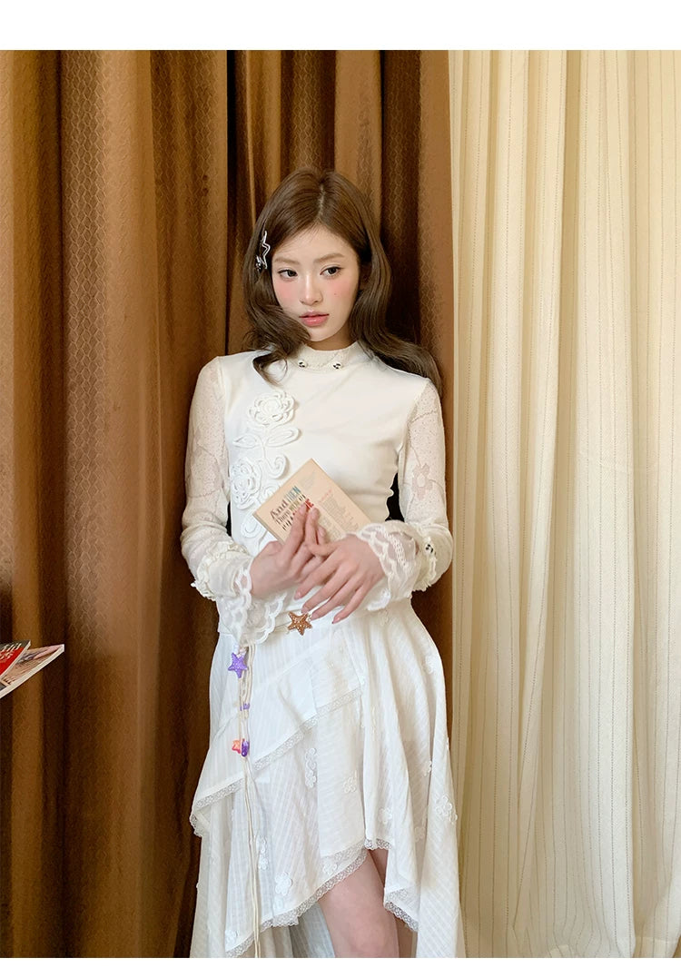 “Stardust Cascade” White Asymmetrical Ruffle Skirt