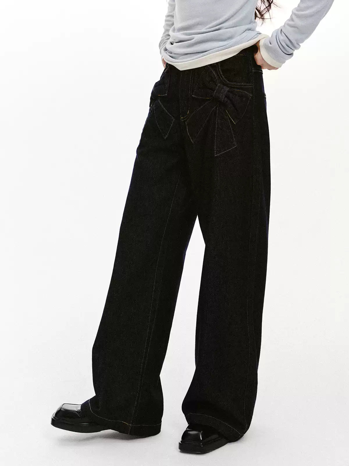 “Bow Pocket Wash” Wide-Leg Loose Denim Jeans - Denim ML6661