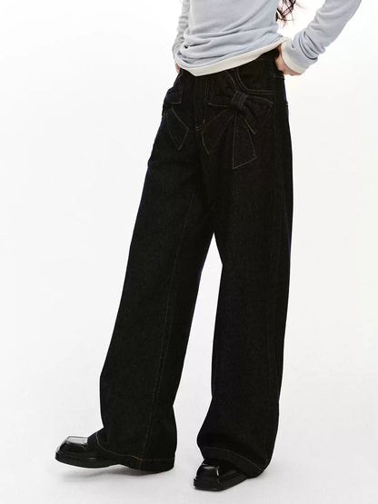 “Bow Pocket Wash” Wide-Leg Loose Denim Jeans - Denim ML6661
