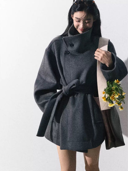 OAKMOO/ "The Breath of Time" Classic Gray Wool-Blend Belted Short Coat