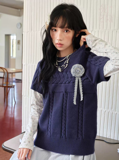 DAILY ARTIST - Navy Cable Knit Short-Sleeve Top