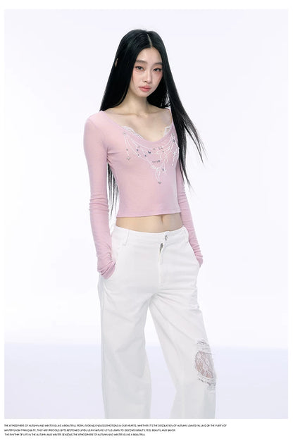 JN's DESIGN - Fitted Lace Long-Sleeve Top with Pearl Rhinestones