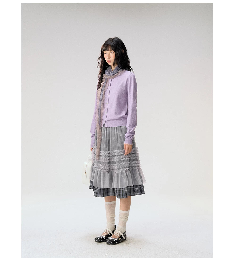 [CAN] "Gray Plaid Reverie" Gray Purple Plaid Mesh Layered Midi Skirt