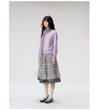 [CAN] "Gray Plaid Reverie" Gray Purple Plaid Mesh Layered Midi Skirt