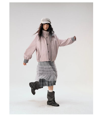 [CAN] "Gray Plaid Reverie" Gray Purple Plaid Mesh Layered Midi Skirt