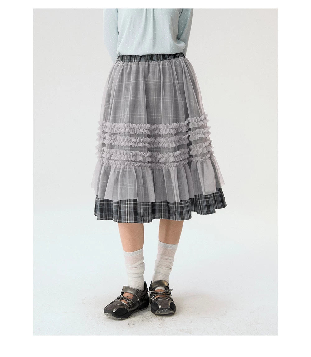 [CAN] "Gray Plaid Reverie" Gray Purple Plaid Mesh Layered Midi Skirt