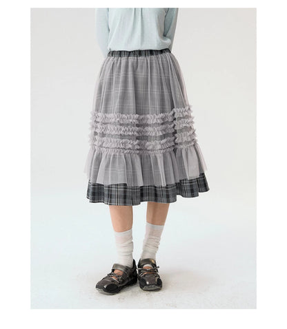 [CAN] "Gray Plaid Reverie" Gray Purple Plaid Mesh Layered Midi Skirt