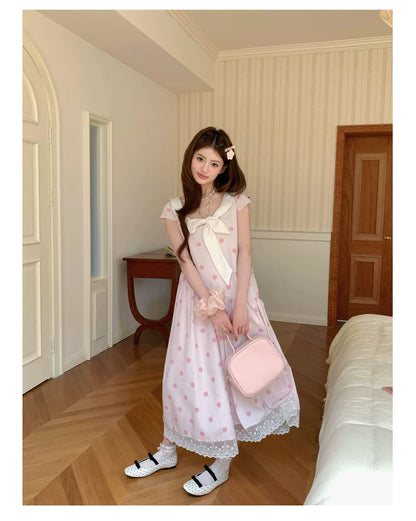 [RF] “Polka Dot Pudding” Soft Mist Pink Bow Lace-Trimmed Dress