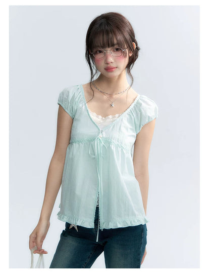 "Mint Morning Glow" Mint Green Lace Tie-Front Cardigan Blouse