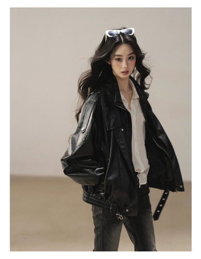 AOMALM - "Solo Journey" Quiet Black Oversized PU Moto Jacket