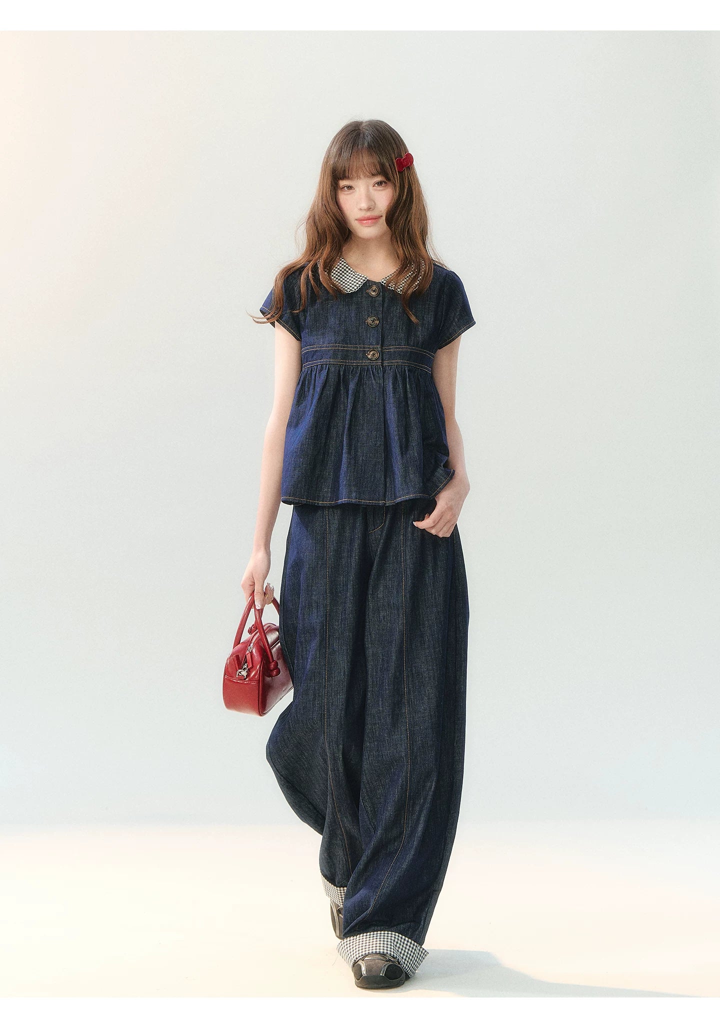 "Denim Check Prelude" Indigo Denim Three-Piece Set