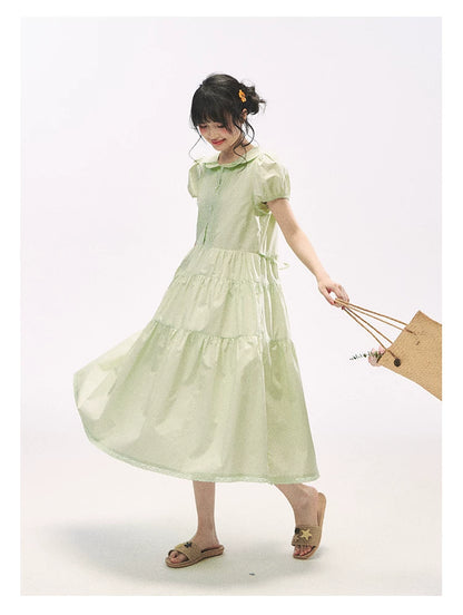 "Mint Forest" Mint Green Double Collar Tiered A-Line Midi Dress
