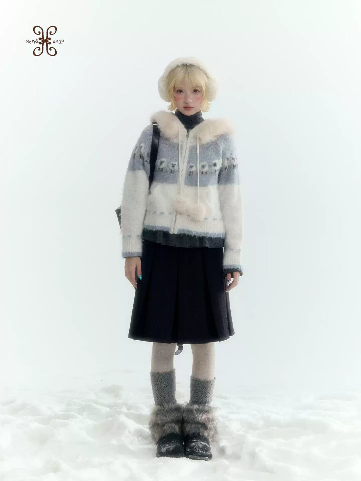 Horridale - Ice Blue White Sheep Jacquard Hooded Knit Cardigan