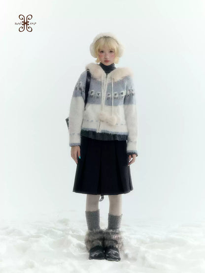 Horridale - Ice Blue White Sheep Jacquard Hooded Knit Cardigan