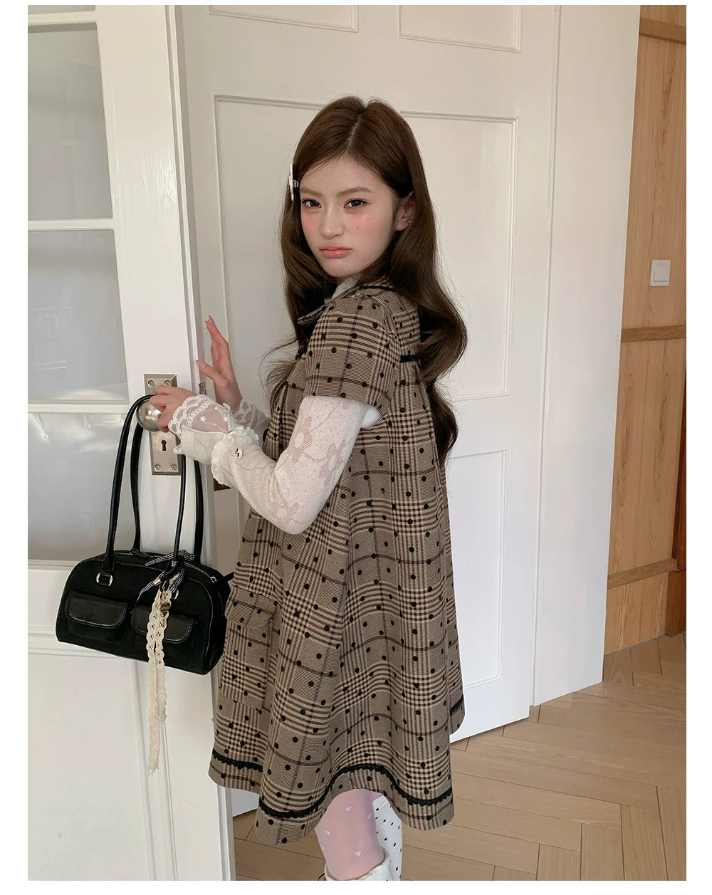 “Hazel Rococo Reverie” Khaki Plaid Polka Dot Dress