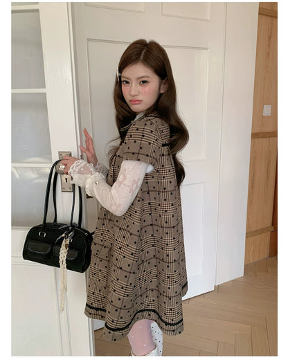 “Hazel Rococo Reverie” Khaki Plaid Polka Dot Dress