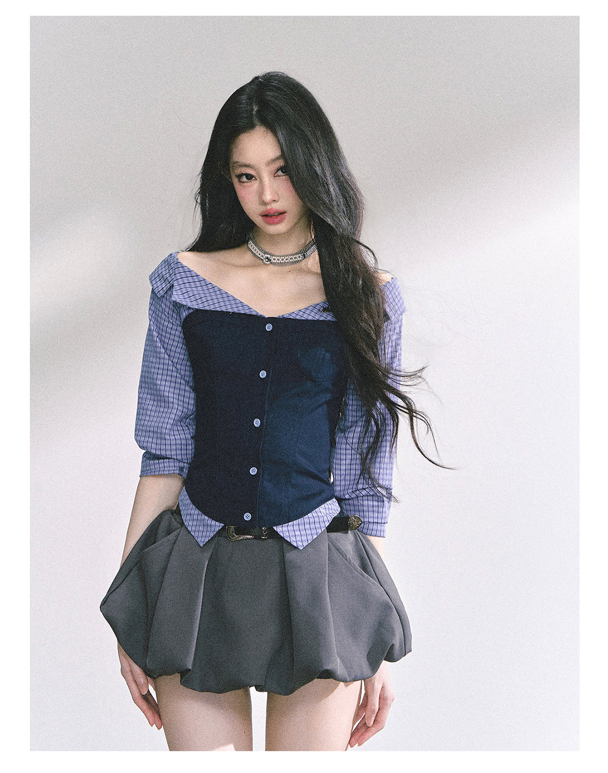 少也眼 "London Crush" Off-Shoulder Dual-Layer Long-Sleeve Spicy Girl Tee - Navy Blue