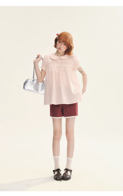 "Sweet Silhouette" Plaid Lace Trim Puff Sleeve Peter Pan Collar Blouse (Red Blue / Red White)