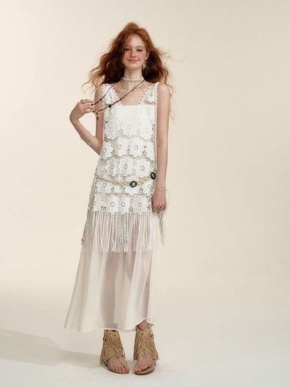 Apricot Sheer-Panel Midi Skirt