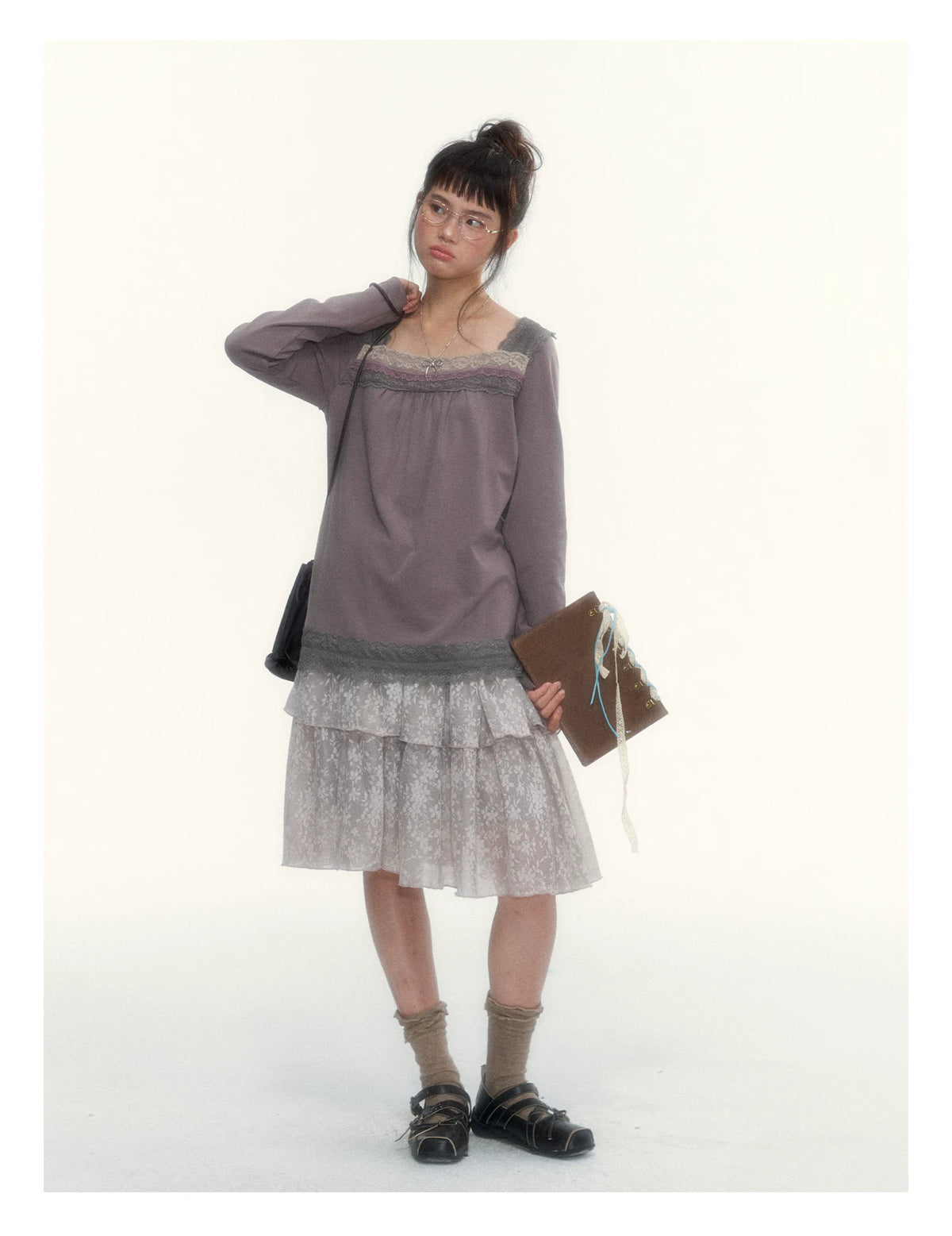 Misty Gray Pink Vintage Lace Tiered A-Line Skirt