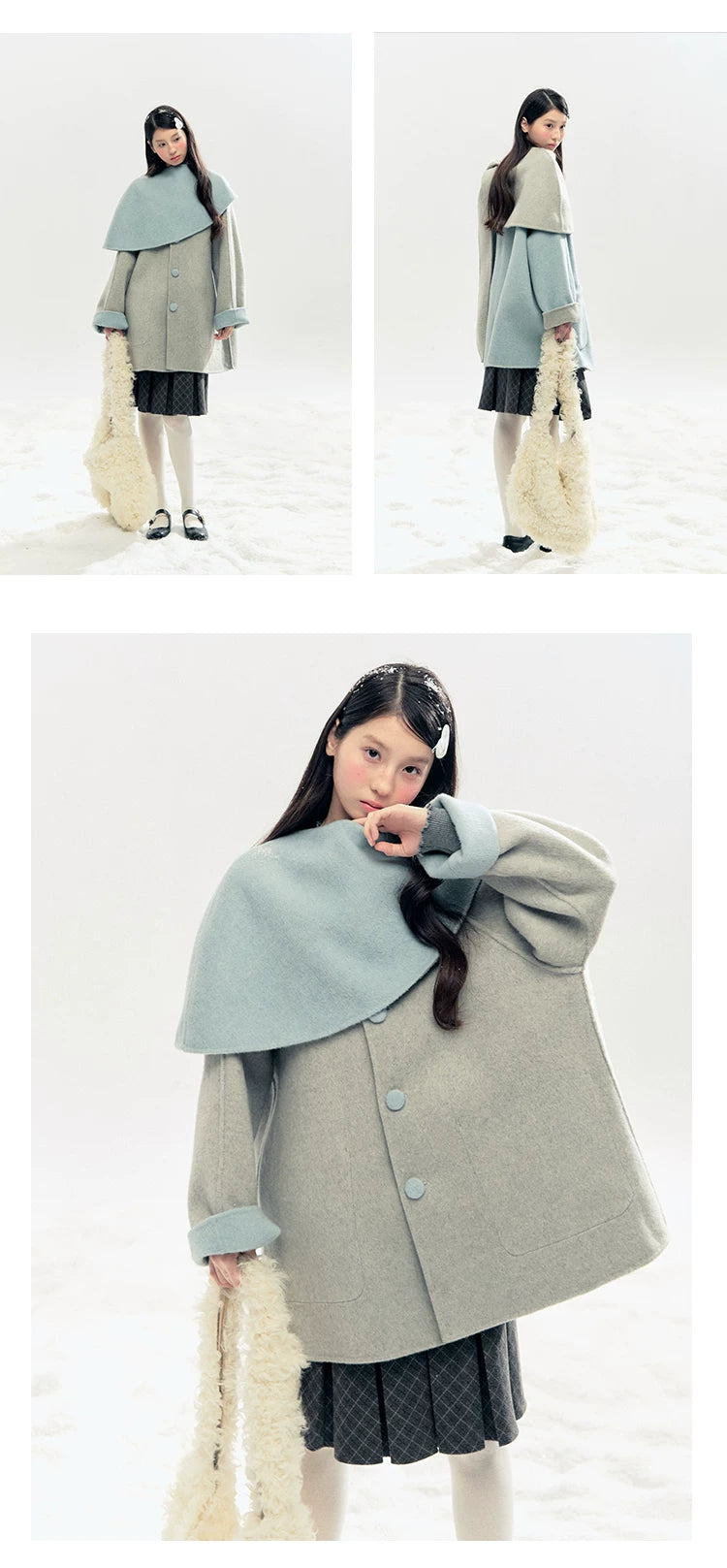 "Double Winter Embrace" Blue & Gray Reversible Wool-Blend Cape Coat