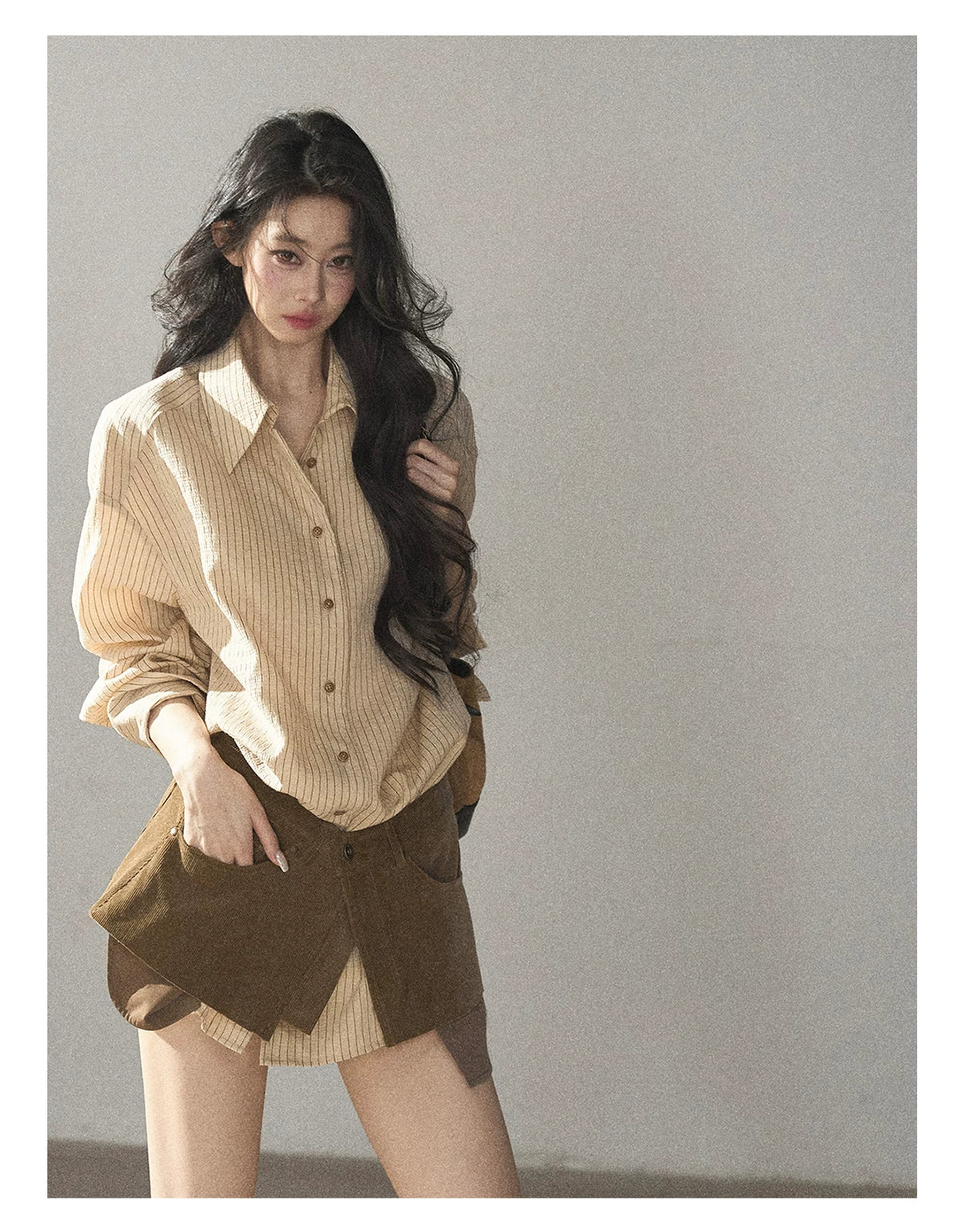 AOMALM - "Autumn Botanicals" Amber Yellow Striped Shirt & Wrap Faux Half-Skirt Set